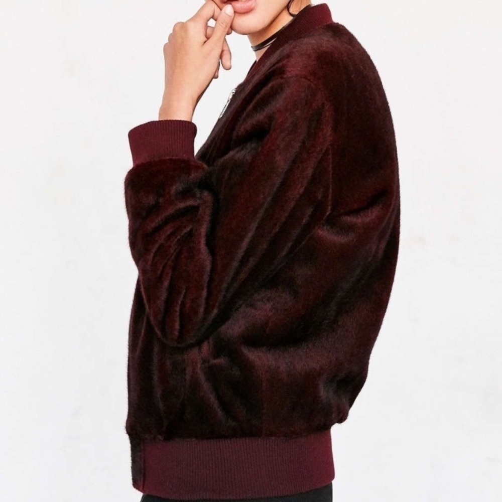 J.O.A. Faux Fur Maroon Bomber Jacket Size M - Picture 8 of 8
